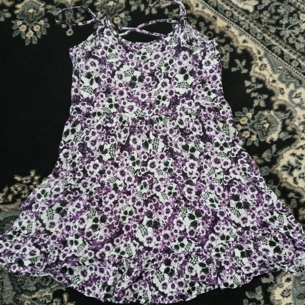 Hot Topic skulls and purple flowers skater dress